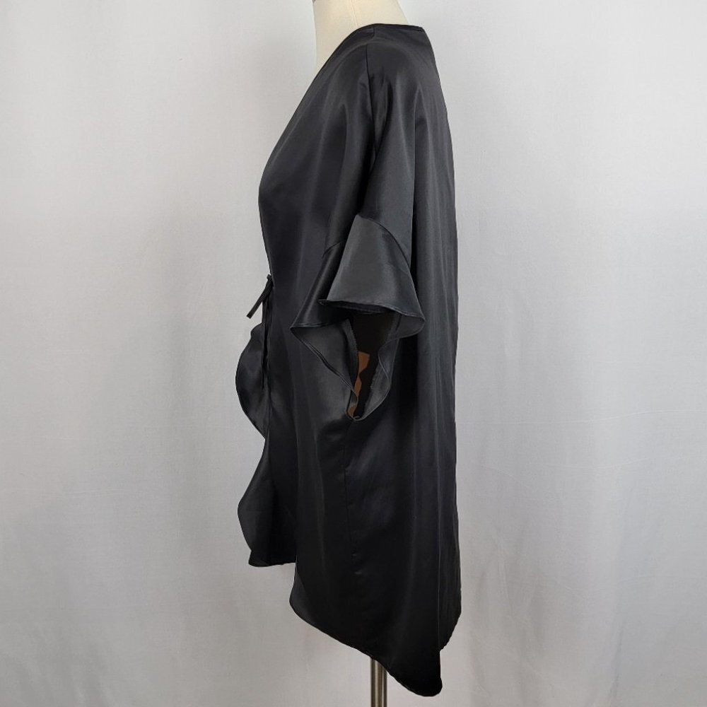 Victorias Secret Kimono Robe Womens One Size Black Satin Ruffle Tie Front Cover - Picture 9 of 15